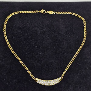 Vintage Gold Tone Rhinestone Bar Necklace 16” Signed V Tag Statement Choker